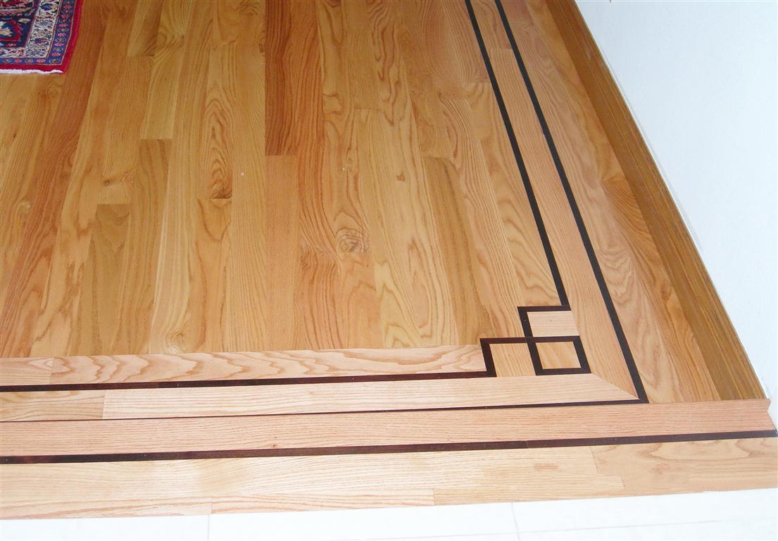 Installed Solid Wood floor with decorative walnut border lines, S.F.